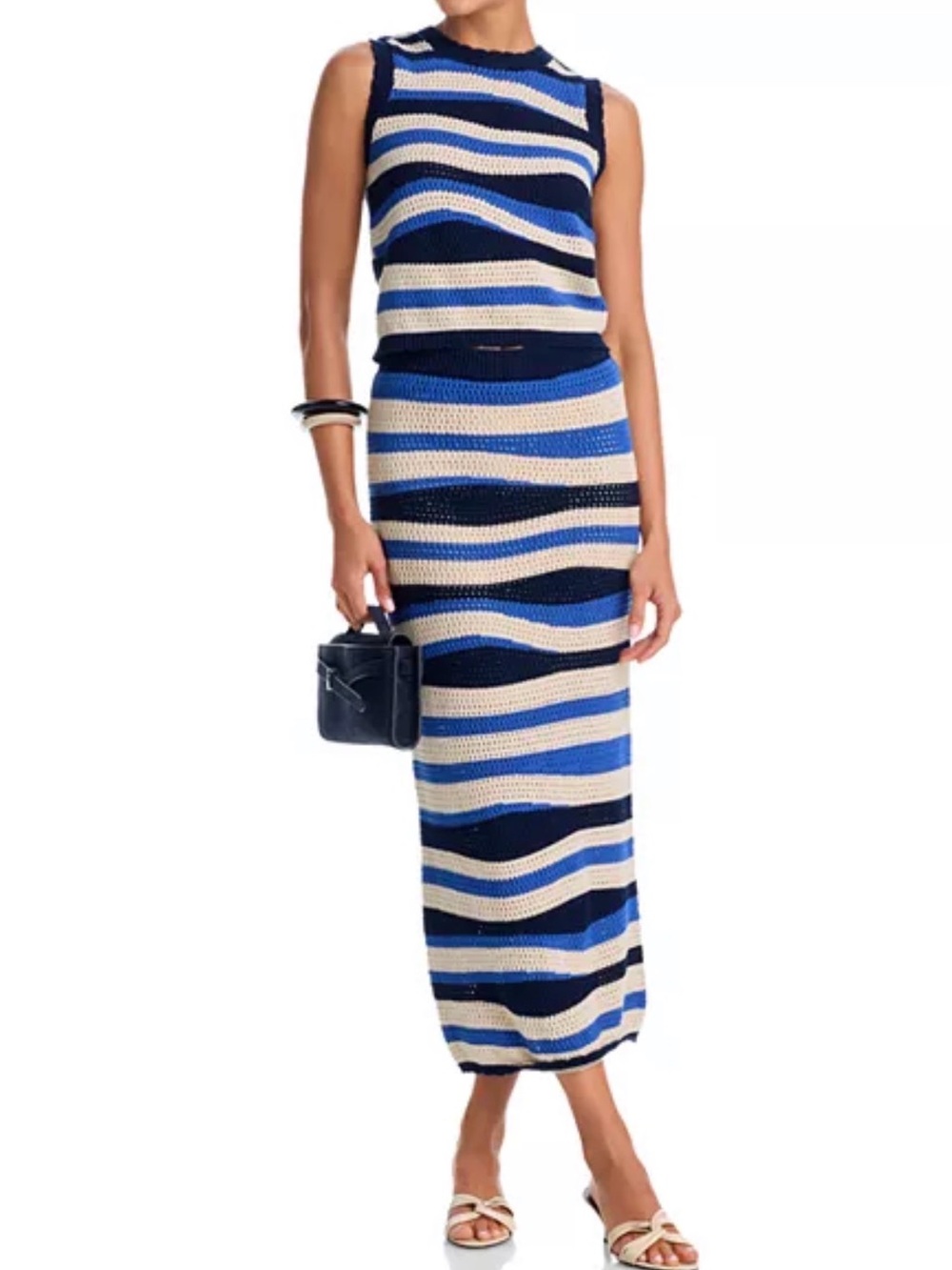 Aqua Sleeveless Striped Knit Skirt Set in Blue and Cream